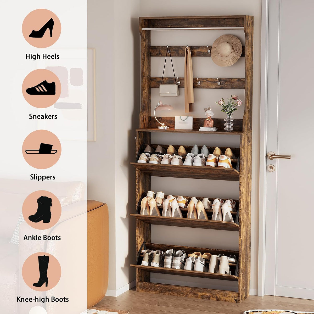 Brown Hidden Shoe Cabinet with 3 Flip Drawers & Coat Rack, Entryway