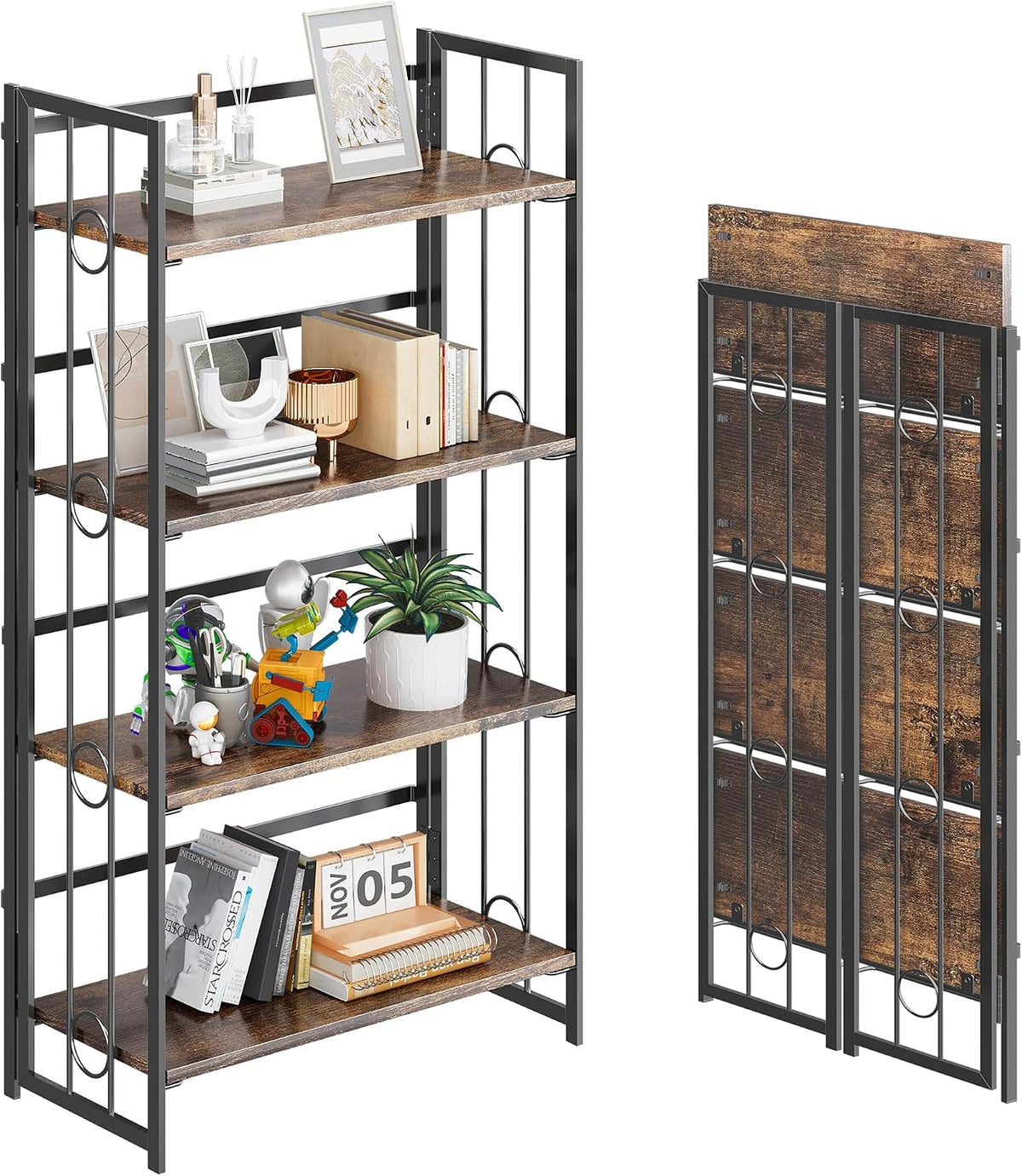 4NM No Assembly 4 Tiers Folding Bookshelf, 47.2" H Foldable Storage Shel...