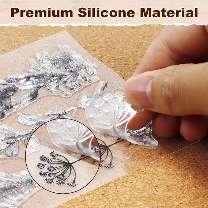 UCEC 8 Sheets Clear Stamps Set, Vintage Plants Flower Rubber Silicone Stamps - Image 4