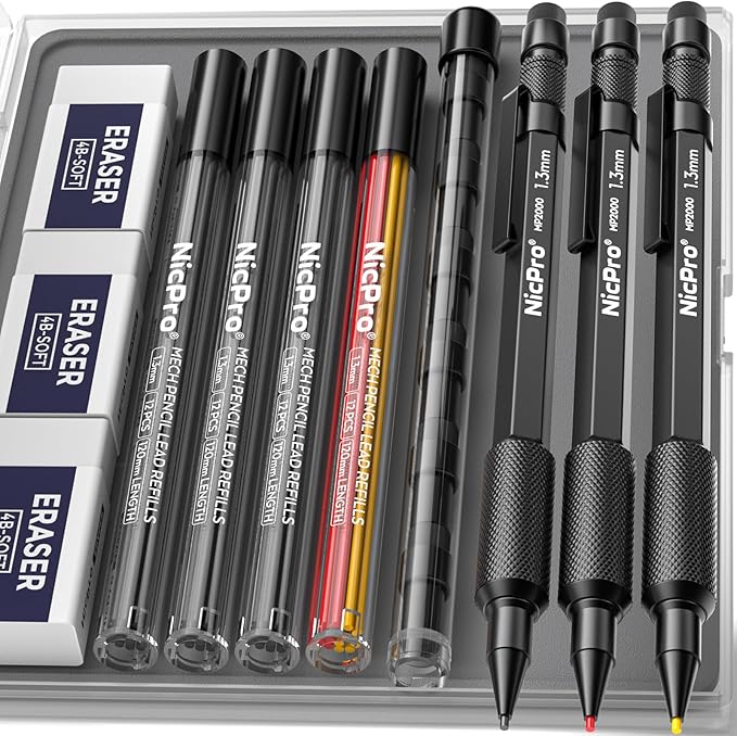 Nicpro 3 PCS 1.3 mm Blacke Mechanical Pencils Set by Nicpro