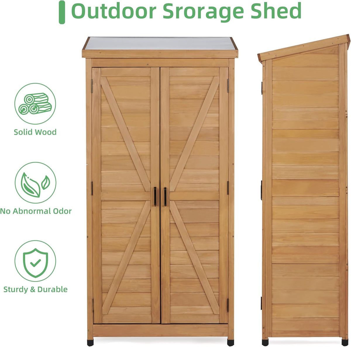 68'' outdoor storage cabinet, wooden garden tool cabinet showing dimensions