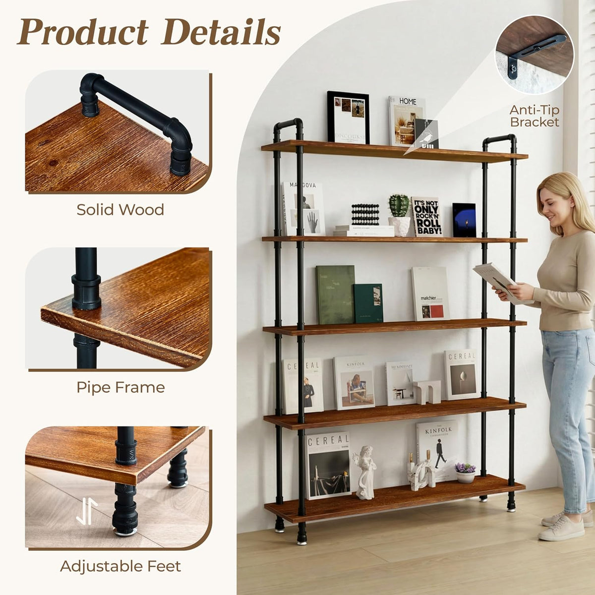 Industrial Bookshelf, Pipe Shelf Bookcase, 5 Tier, 48" Rustic Brown