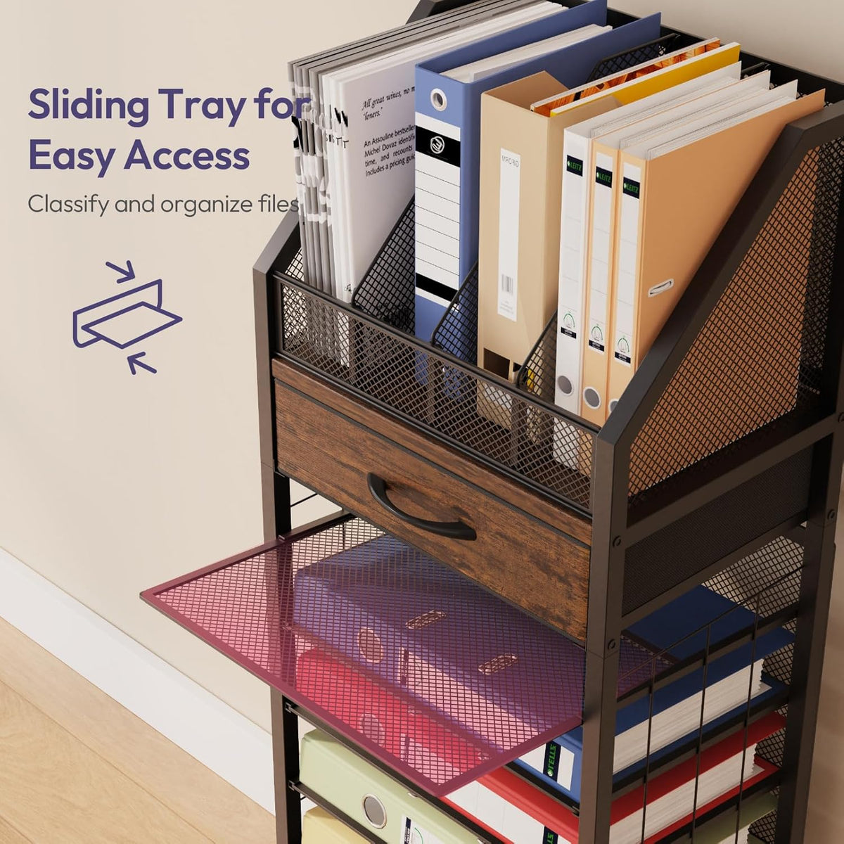 SWTYMIKI 9-Tier Rolling File Cart - Paper Organizer with Drawer and Trays, Wo...