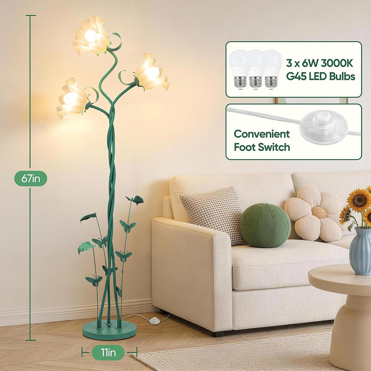 TOBUSA Floor Lamp with 3 Bulbs for Living Room, Cute Vintage Standing Lamp