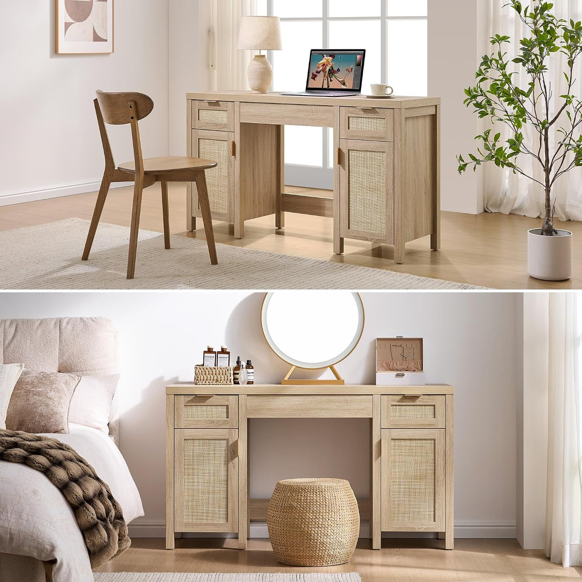 SICOTAS 52" Rattan Vanity Desk with 3 Drawers & 2 Cabinets, Vanity T...