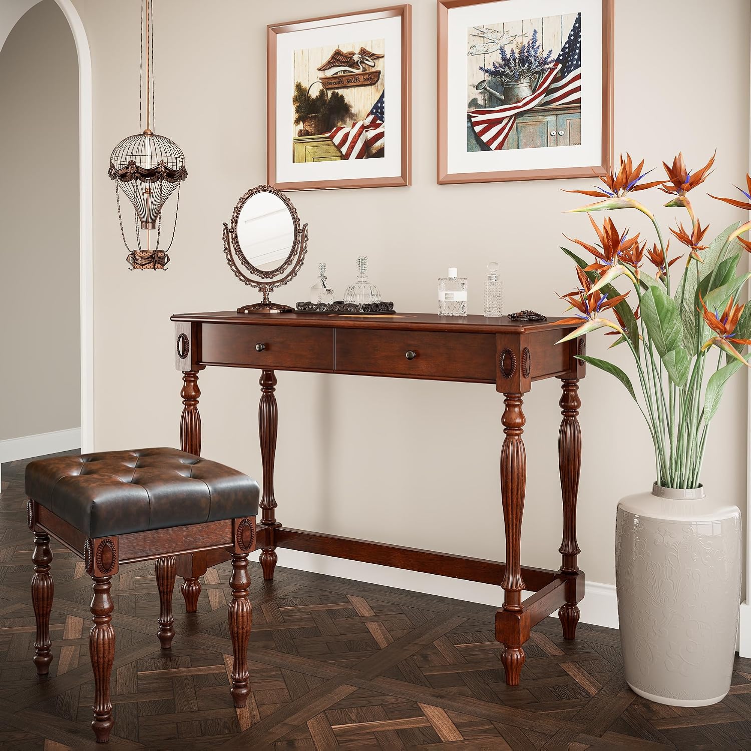 Wood Writing Desk Stool Set, Small Secretary Desk Set-Cheery&Brown | Vintage Vanity Makeup Table Set, 39.4" W Wood Computer Desk Chair Set for Home Office, 2 Drawers Desk&Button-tufted Stool Set