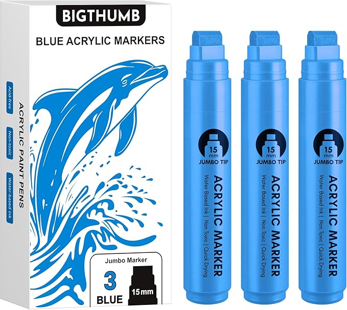 BIGTHUMB 3 Pcs Blue Jumbo Permanent Markers: 15mm Wide Tip Thick Acrylic Paint by BIGTHUMB