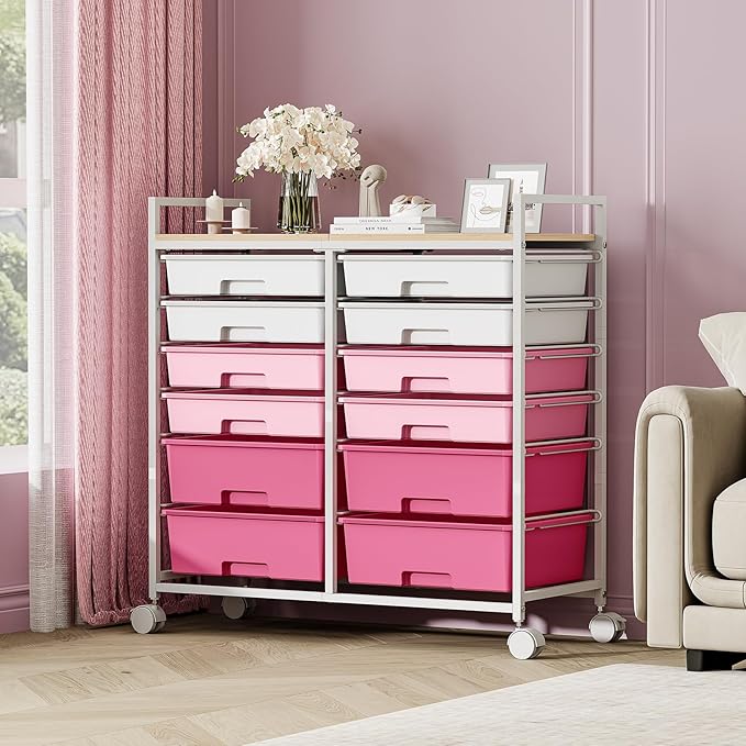 Rolling Storage Cart with 12 Drawers, Wooden Tabletop Utility Cart - Image 8