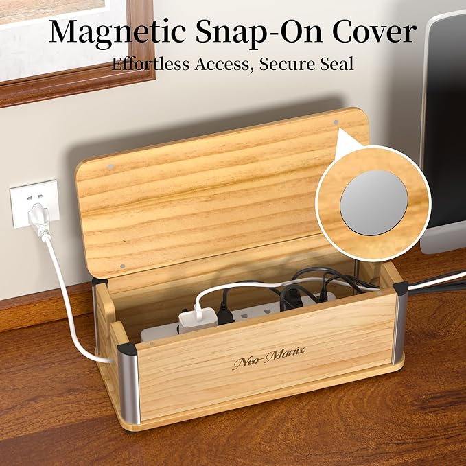 Delamu Wooden Cable Management Box, Retro-Inspired Look Desk Cord Organizer Box - Image 4