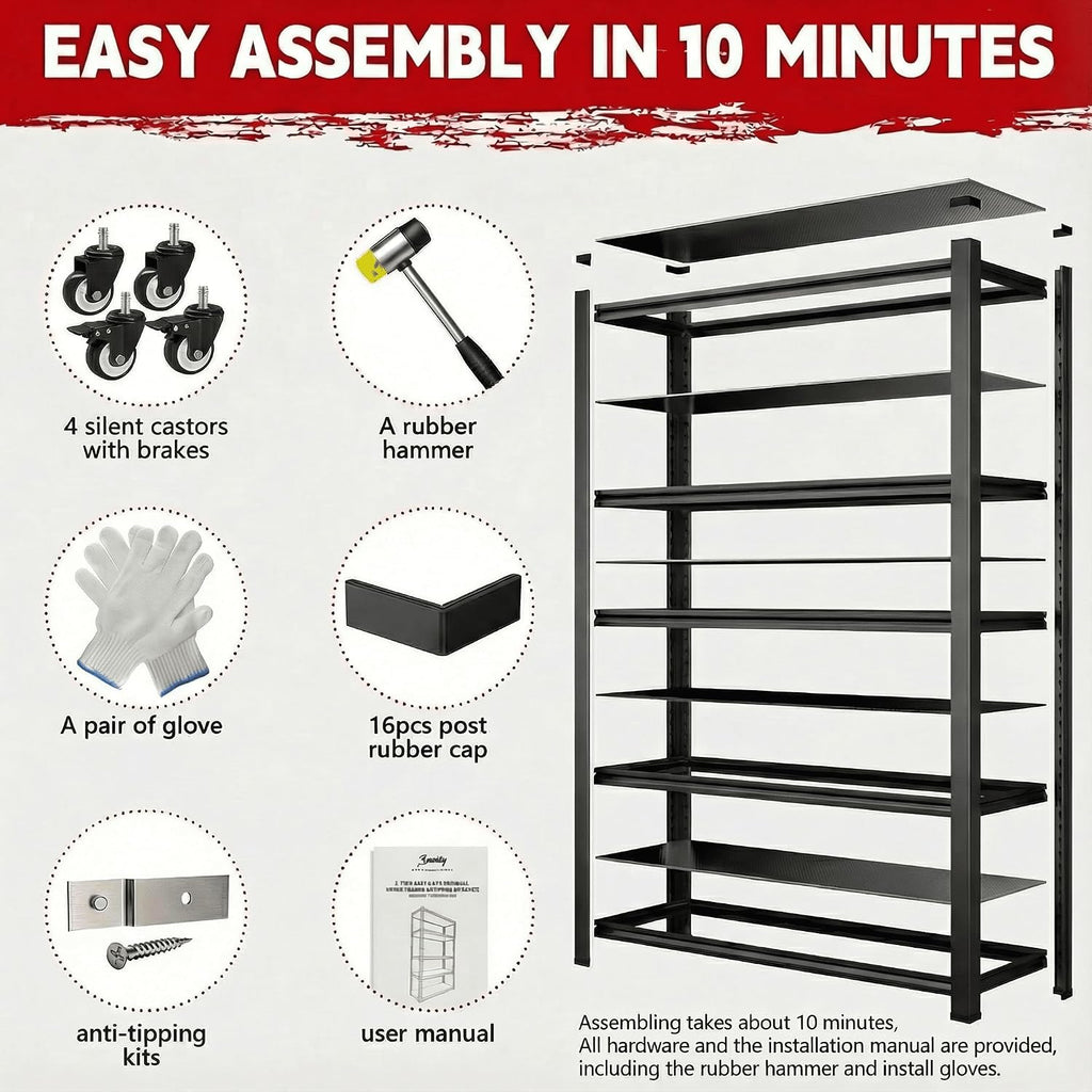 lauxery 5-tier heavy duty storage shelves with lockable, package contents