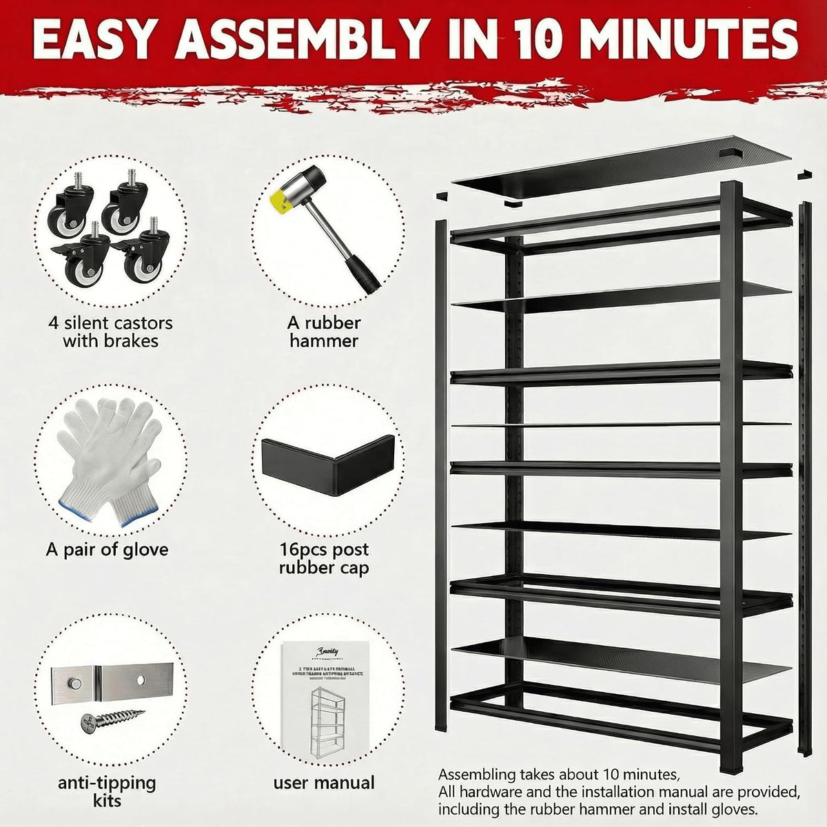 lauxery 5-tier heavy duty storage shelves with lockable, package contents