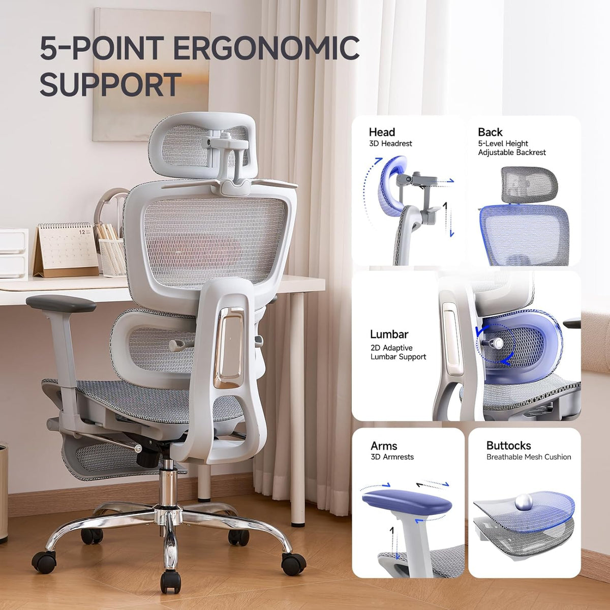 Office Chair with Footrest, Ergonomic Chair with 3D Headrest, Computer Chair ...