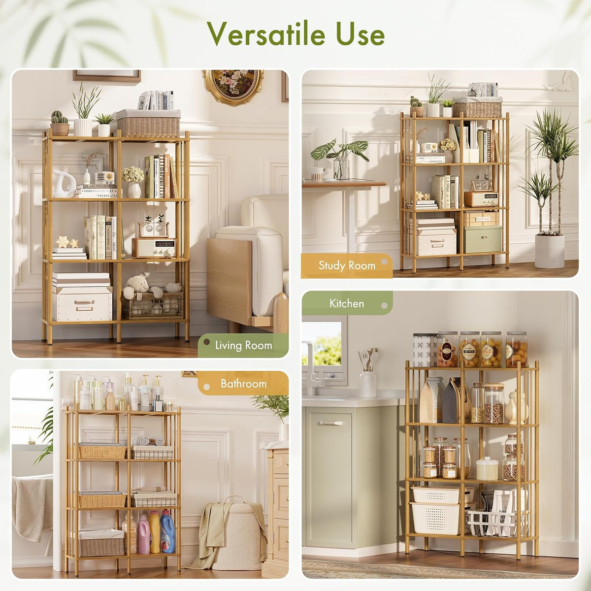 4 Tier Book Shelf, Wide Bamboo Bookshelf, Tall Bookcase with 8 Open Display S...