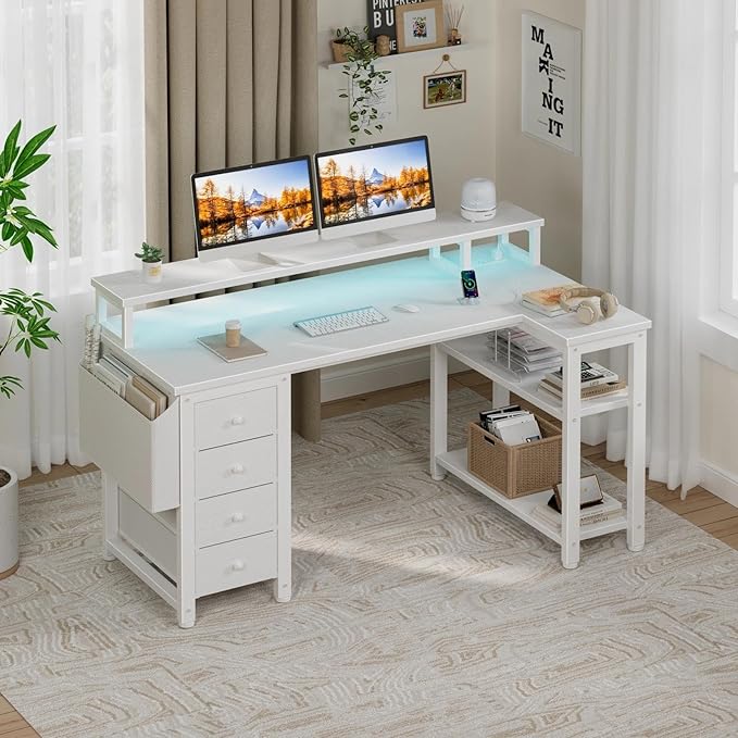Lufeiya L Shaped Desk with Led Lights and Power Outlets, 47 Inch Writing Study - Image 2