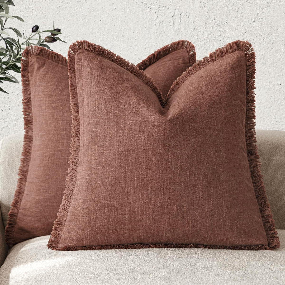 Foindtower Set of 2 Decorative Linen Fringe Throw Pillow Covers Cozy Boho