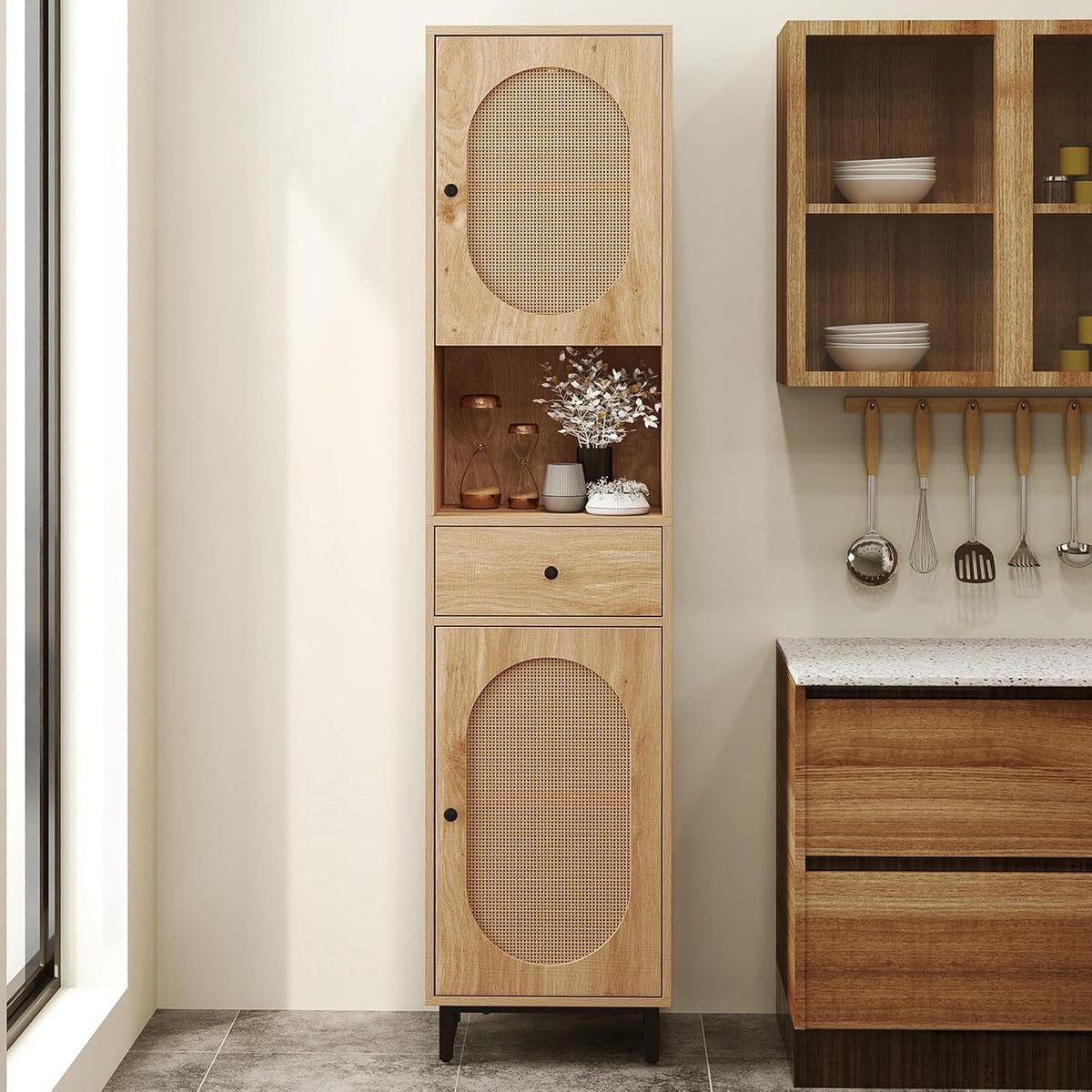 GIANTEX 67" Tall Bathroom Cabinet, PE Rattan Storage Cabinet with 2 Door...