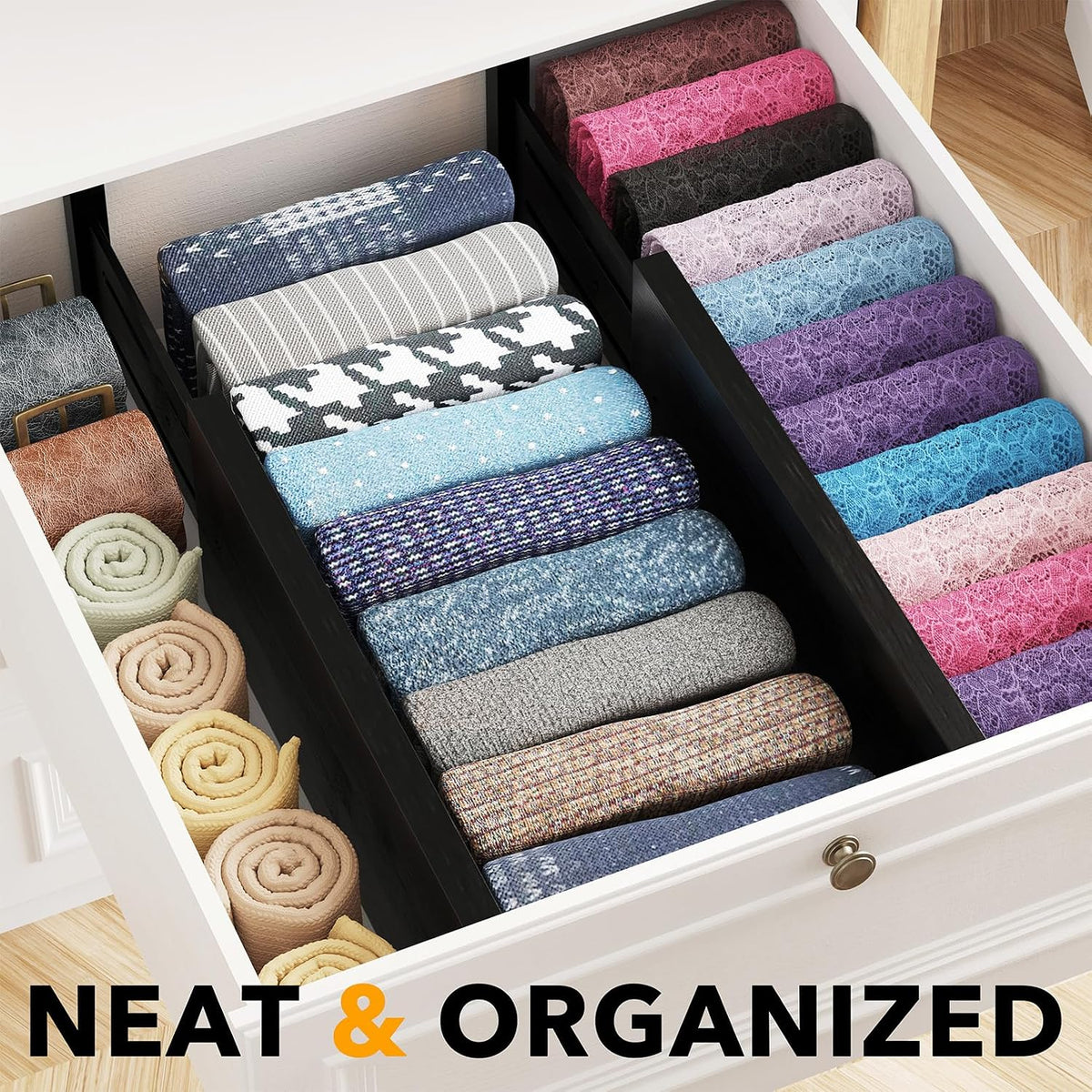 SpaceAid Bamboo 4 Pack Dresser Drawer Dividers, 4.65“ High Adjustable 12.5“-1...