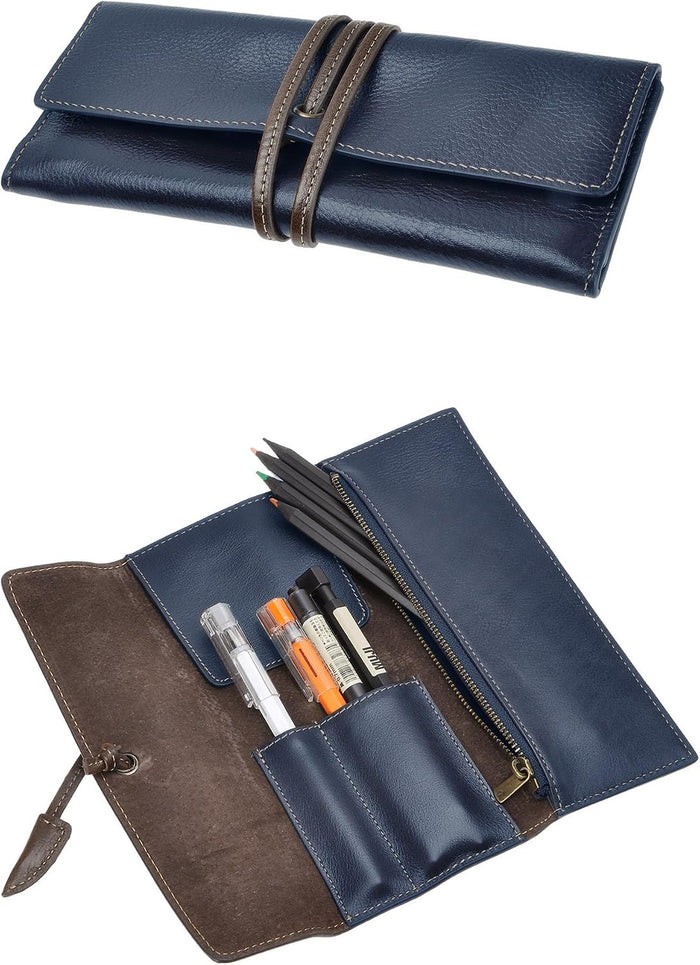 ZLYC Handmade Leather Pencil Case Soft Roll Bag Stationery Gift,Blue