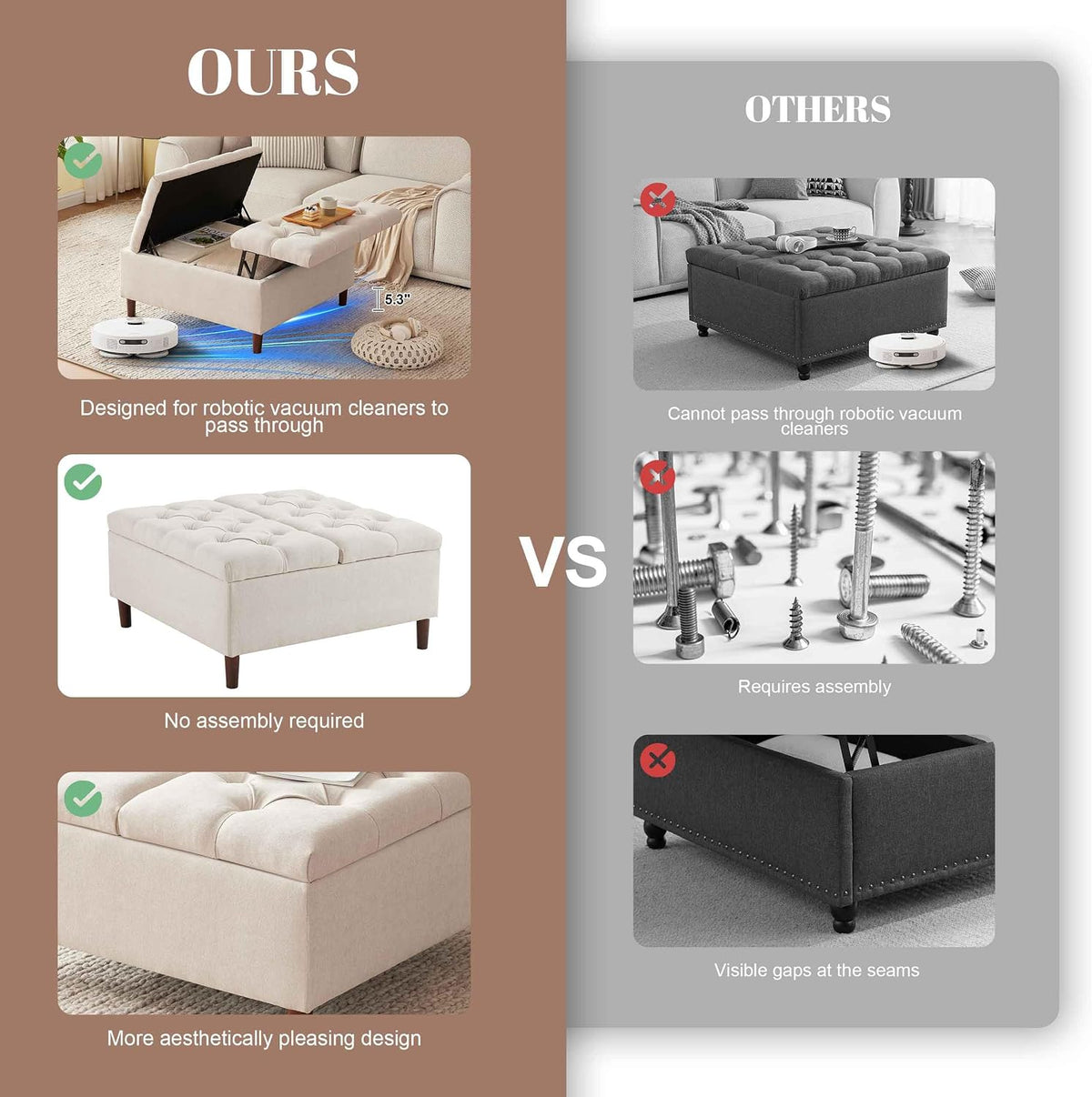 Weture 35" Large Storage Ottoman Coffee Table, Square Ottoman, Beige