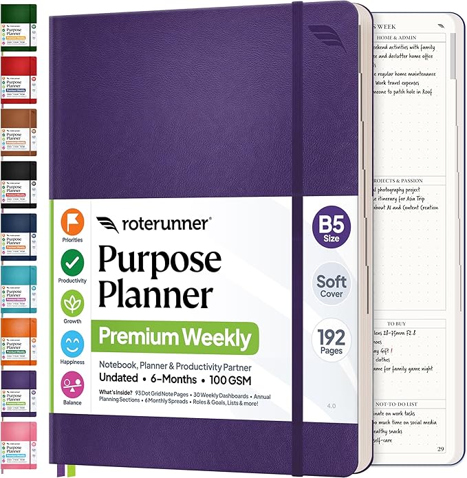 Roterunner Purpose Planner Notebook B5 7.5”x9.8” Undated 2026 Daily Weekly and by Roterunner