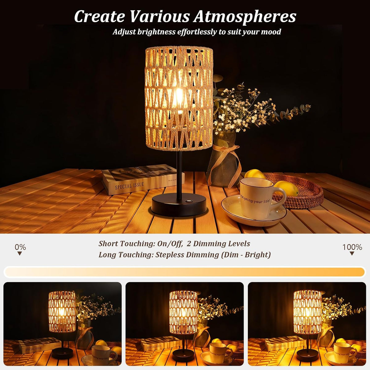Rechargeable Outdoor Table Lamps, Rattan Boho Cordless Battery Operated Table...