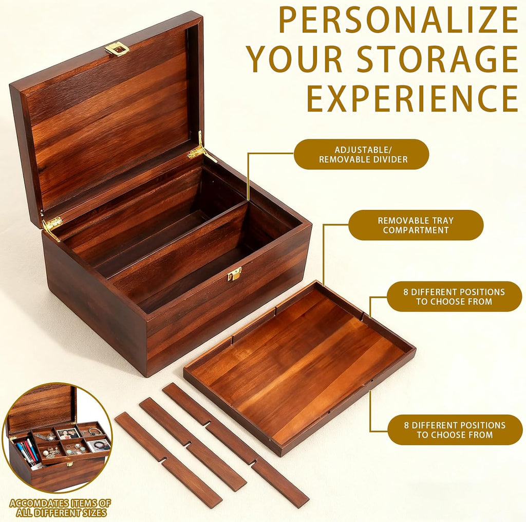 large wooden storage box with adjustable tray, 12.5, close-up detail