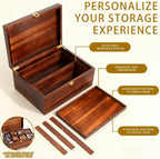 large wooden storage box with adjustable tray, 12.5, close-up detail