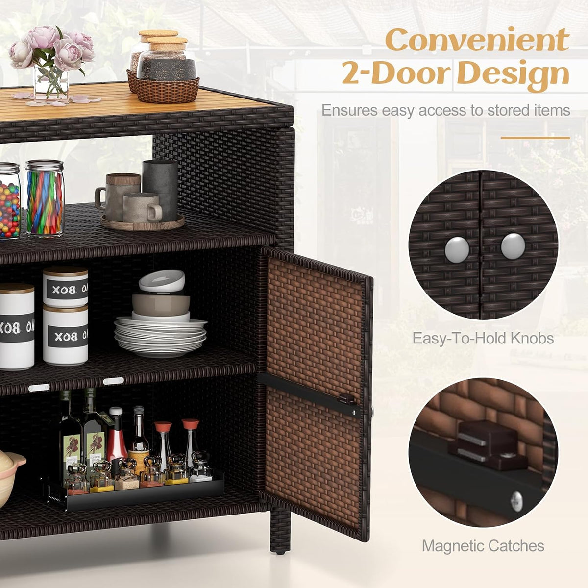 RELAX4LIFE Wicker Outdoor Bar Cabinet - PE Rattan Patio Bar Table w/Acacia Wo...