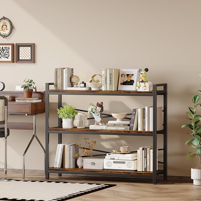 3 Tier Bookshelf 39.37" Width, Long Industrial Bookcase, Vintage Farmhouse - Image 6