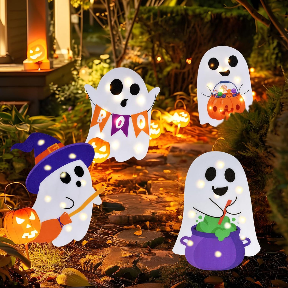 Lighted Cute Ghost Yard Signs, 4 Packs Halloween Decorations Outdoor Scary Wi...