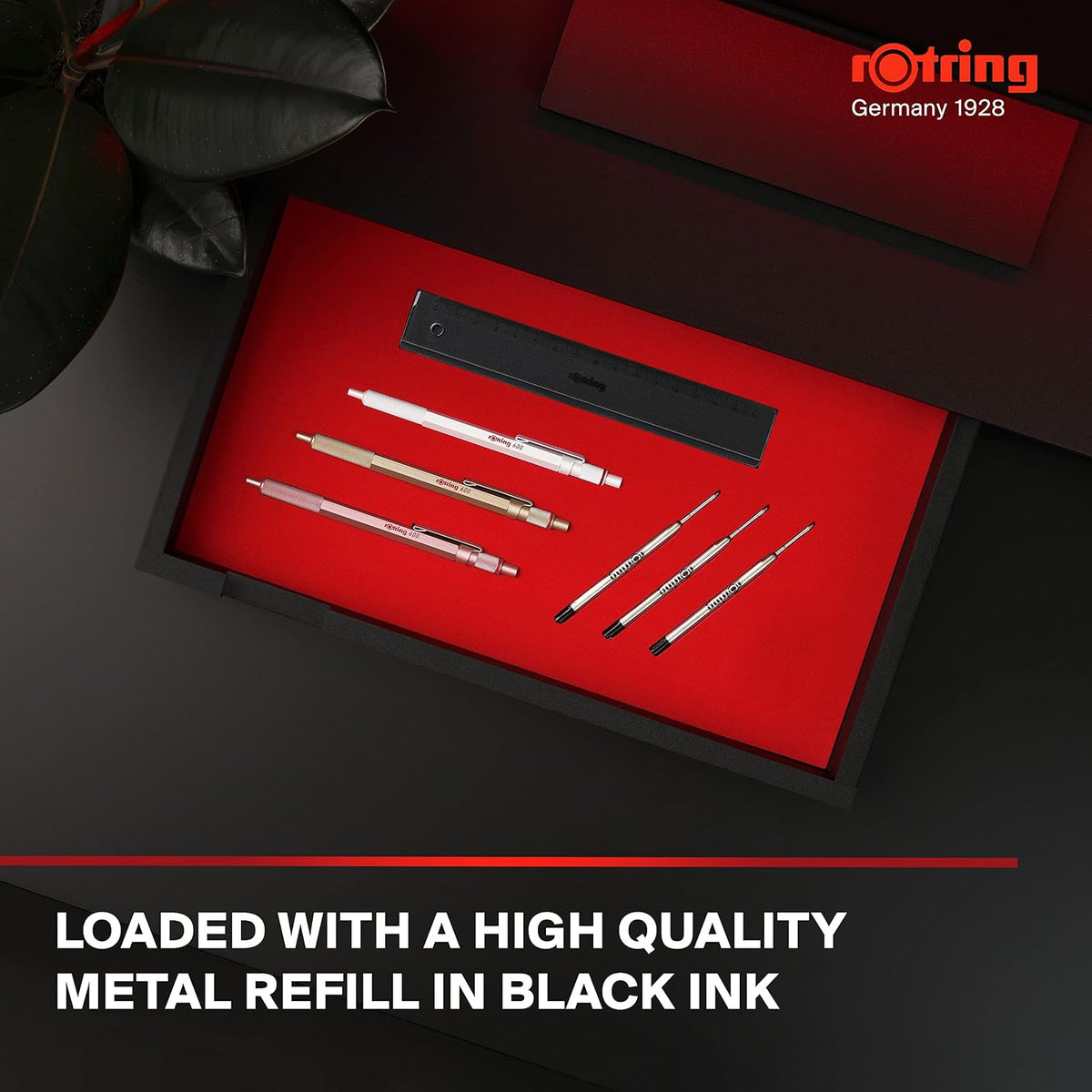 Rotring 600 Metallic Ballpoint Pen Medium Point Black Ink Gold Barrel Refilla...