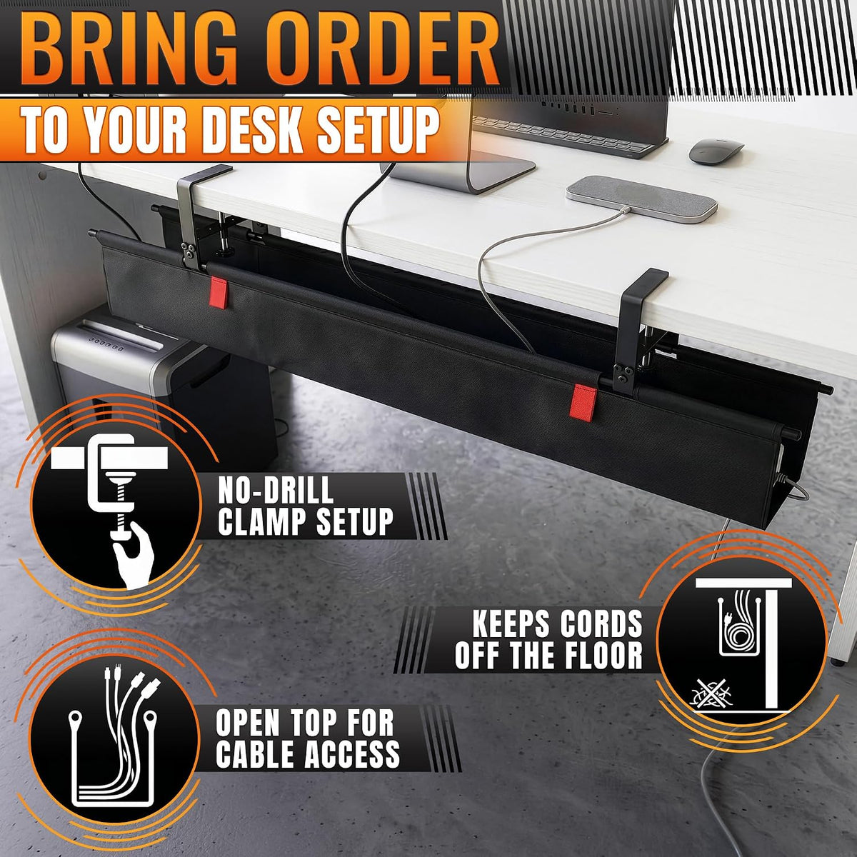 Under Desk Cable Management Tray 48" — No Drill Clamp-On Cord Organizer ...