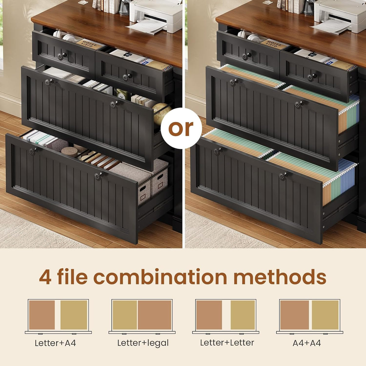 sedeta 4 drawers file cabinet, 33" farmhouse filing, side view