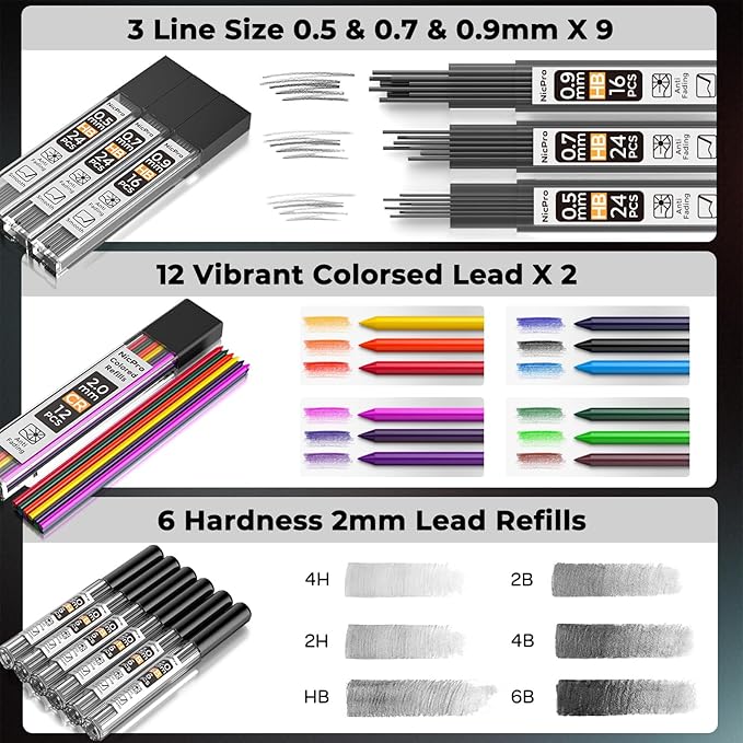 Nicpro 37PCS Art Mechanical Pencil Set, Metal Drafting Pencils 0.5 mm, 0.7 mm - Image 4