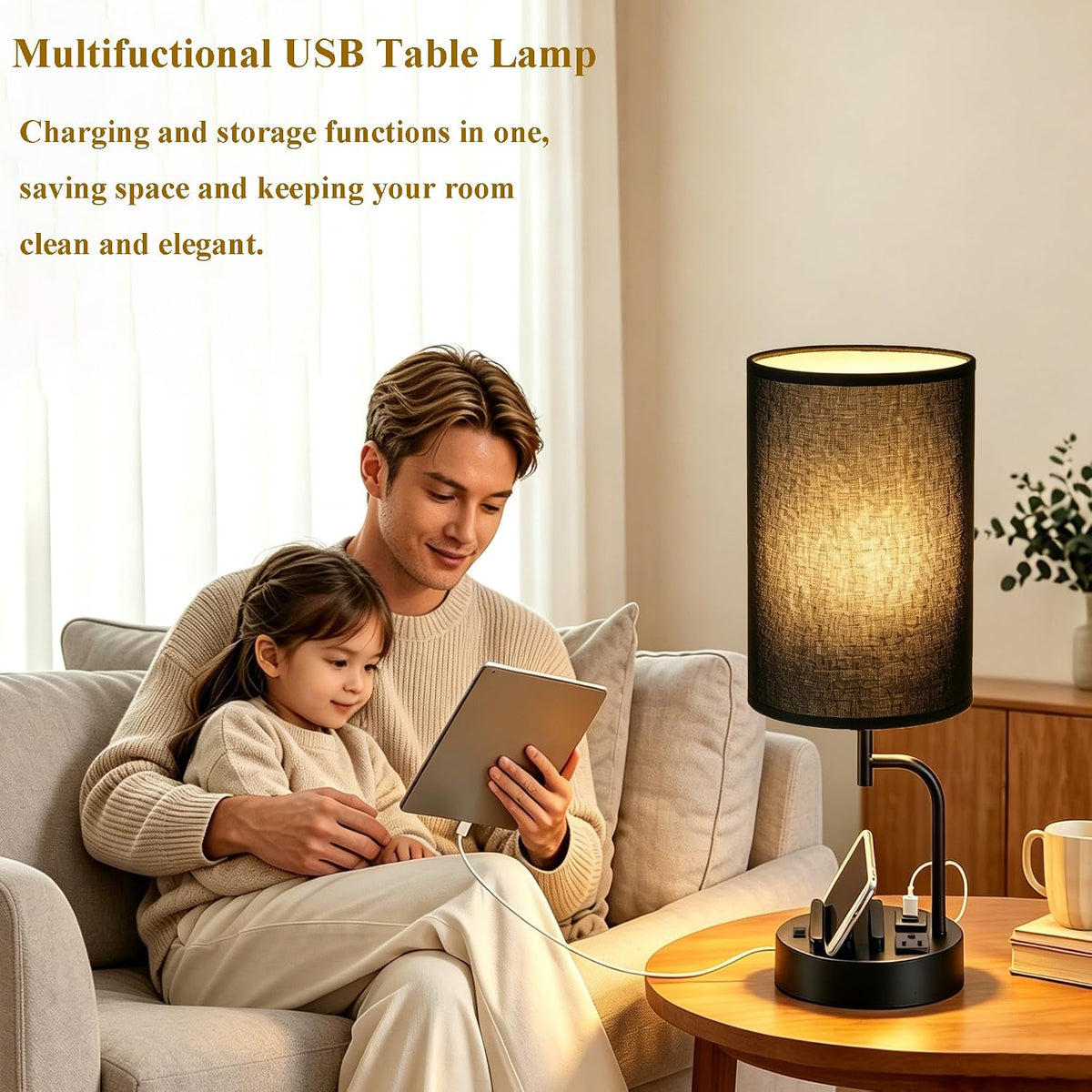 Dreamholder 2 Pack Table Lamp, Bedside Lamp with 3 USB Charging Ports & A...