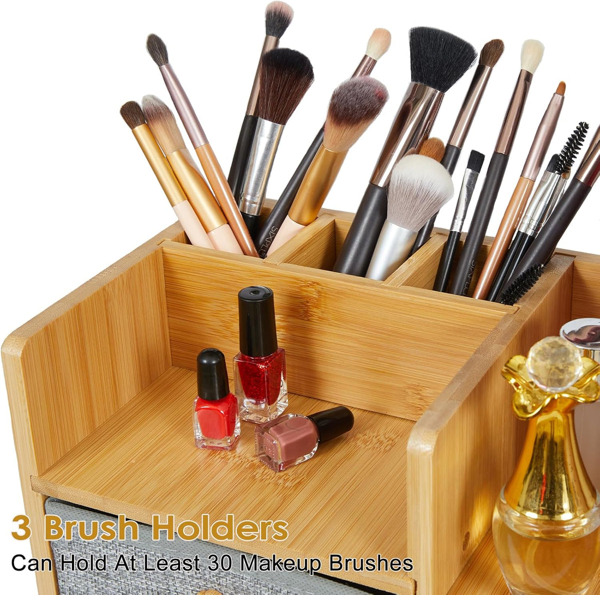 Large Makeup Organizer For Vanity, Large Capacity 3 Tiers Bamboo Bathroom Cou...