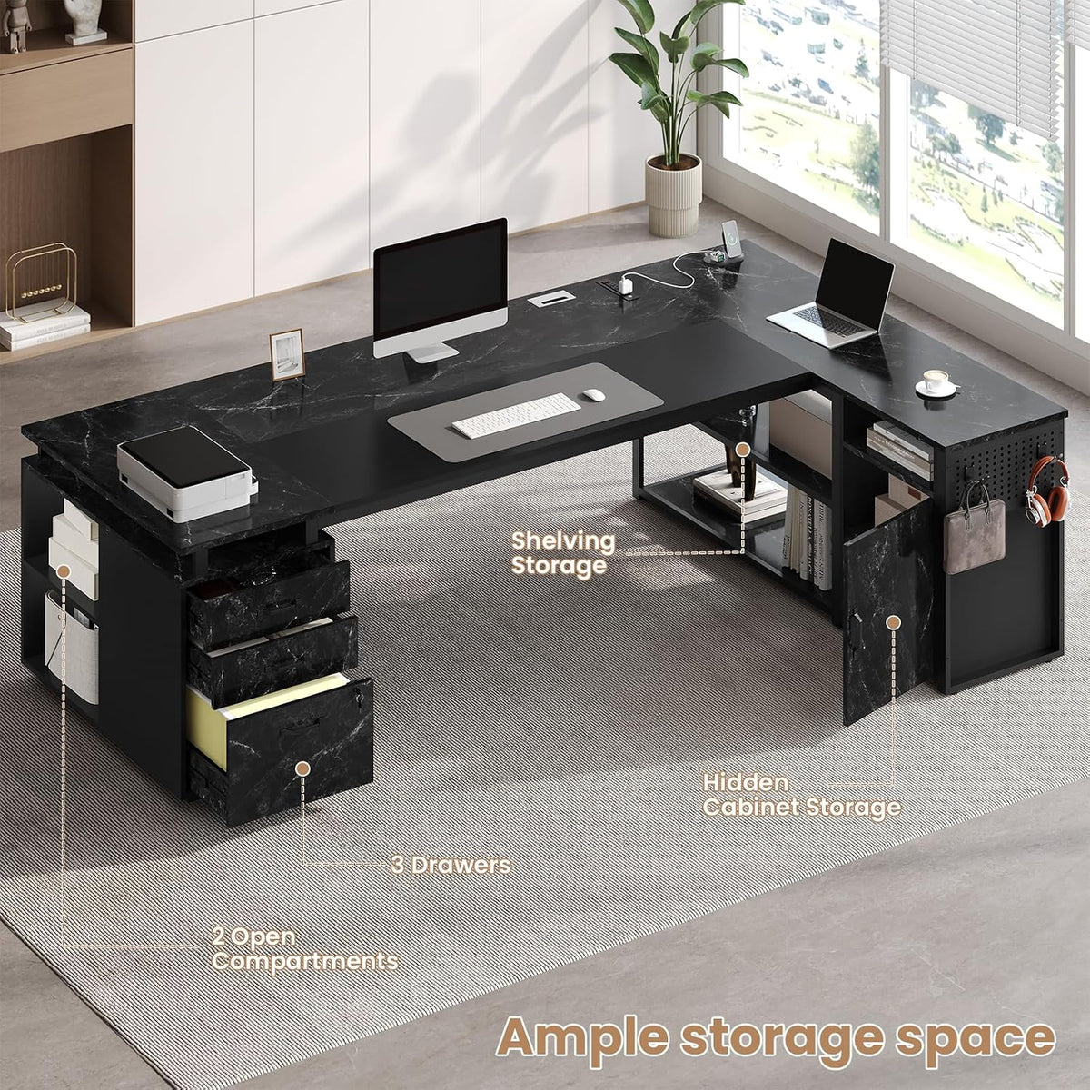 78" Executive Desk with Lockable File Cabinet, L Shaped Office Desk with...