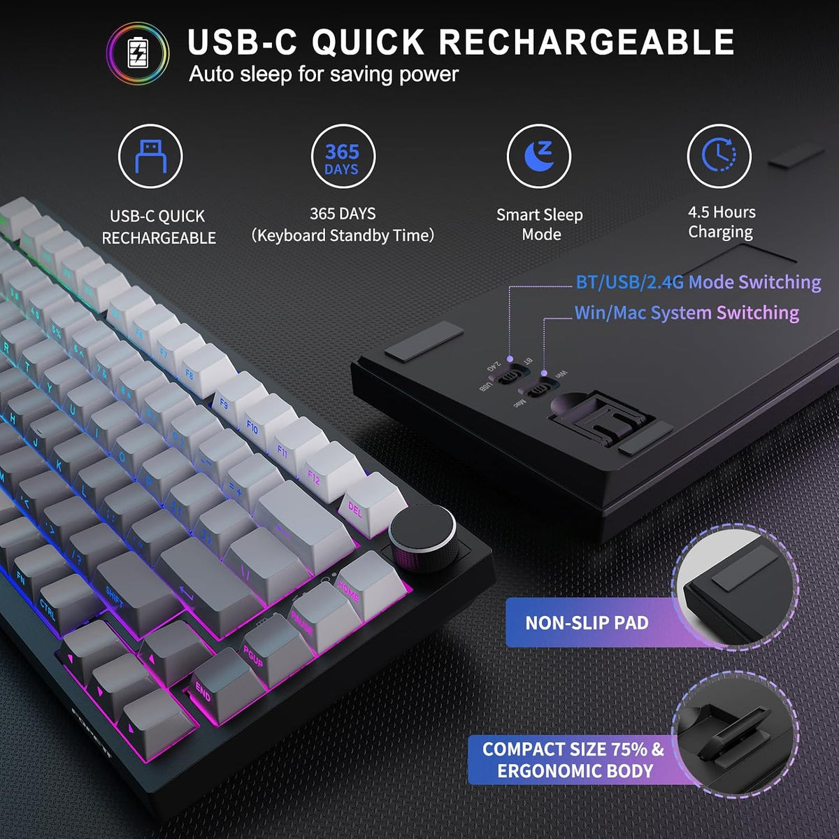 Wireless Mechanical Backlit Gaming Keyboard with Knob,Hot Swappable,Grey