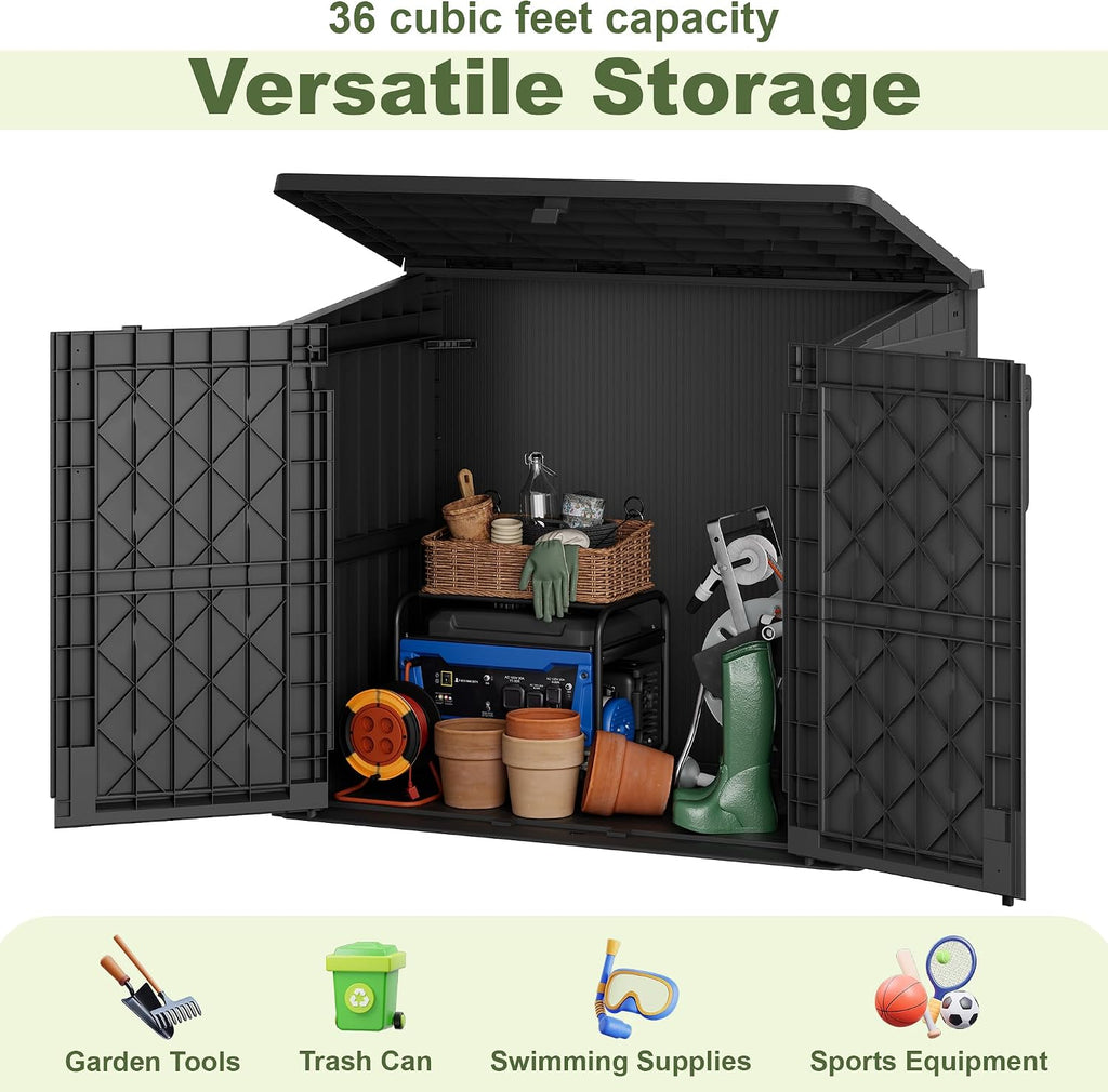 36 cu ft resin outdoor storage shed, weatherproof, side view