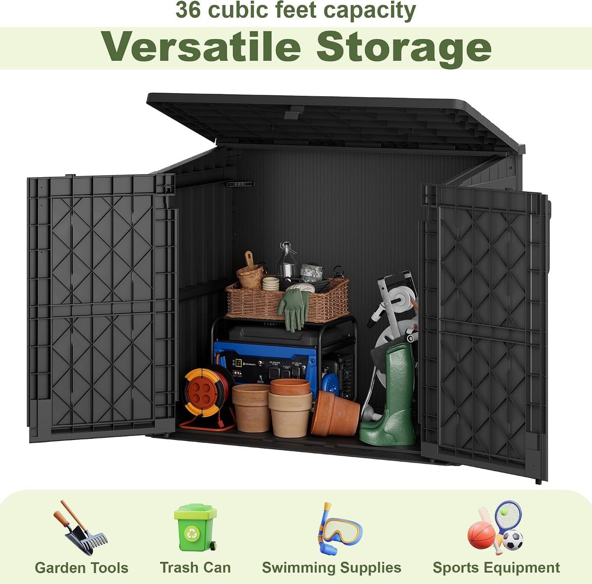 36 cu ft resin outdoor storage shed, weatherproof, side view