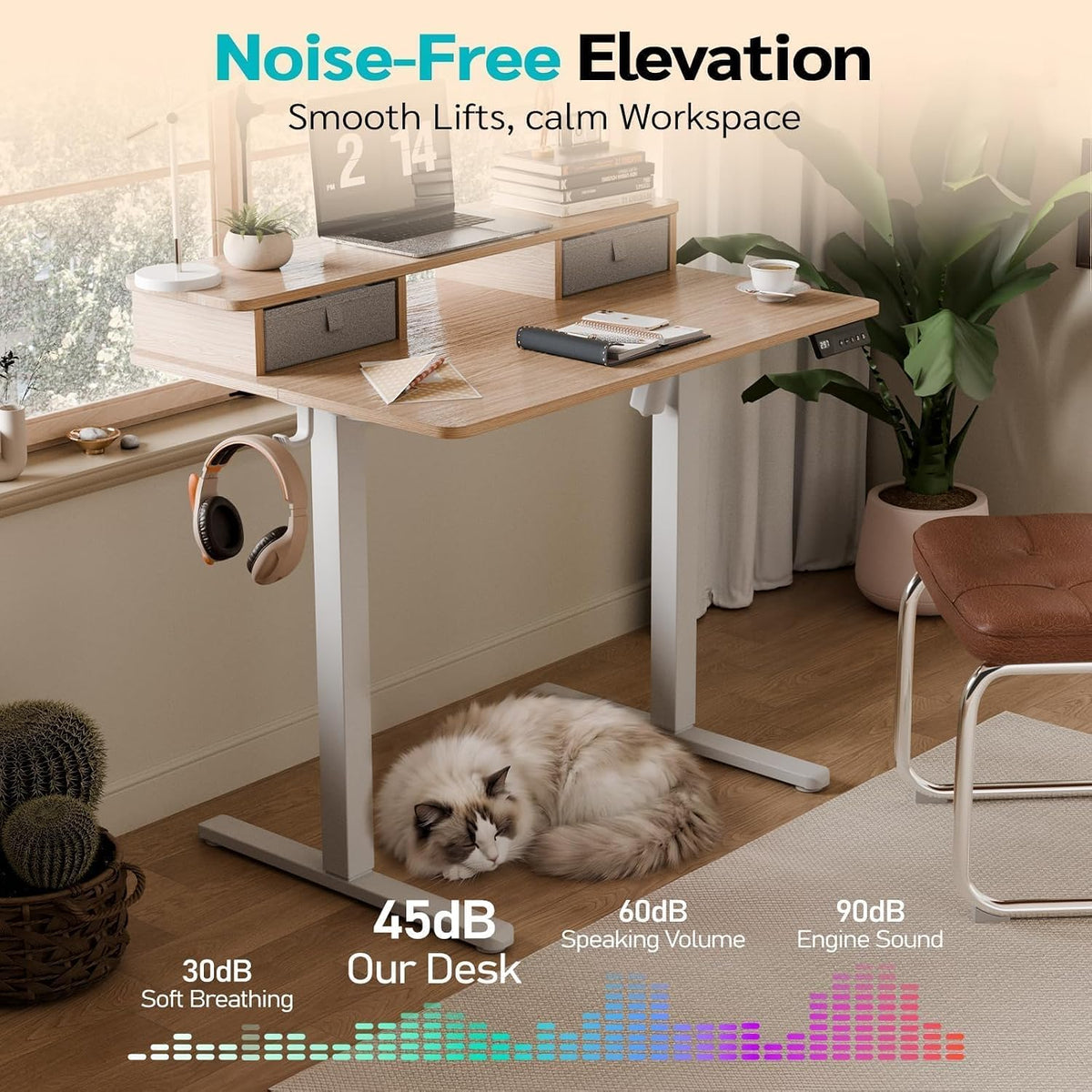35" x 24" Electric Standing Desk with Dual Drawers, Light Walnut