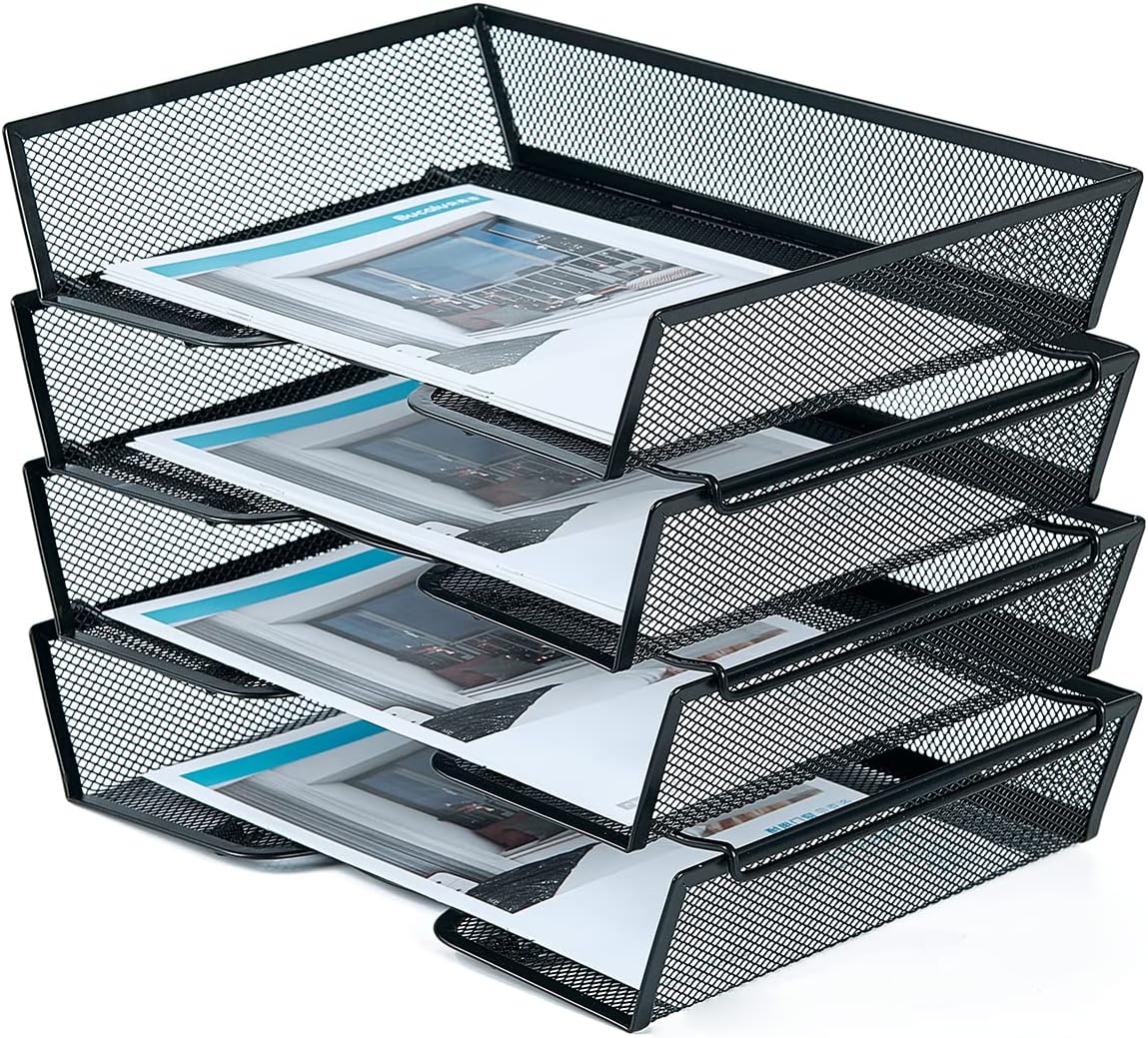 SETTFRFE 4 Tier Metal Letter Tray Desk Organizer-Stackable Paper Tray,Black