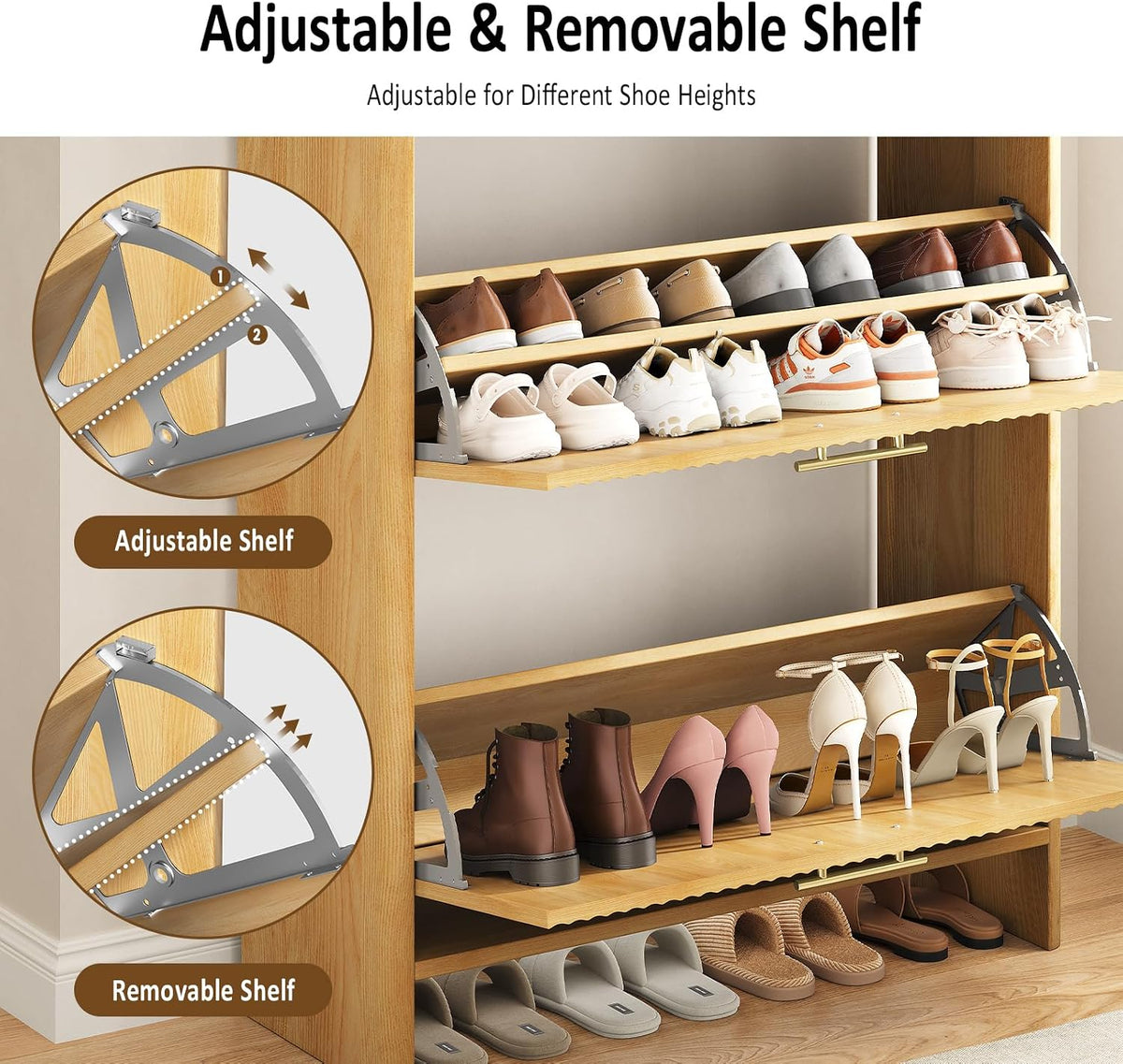 Fluted Shoe Storage Cabinet for Entryway, Narrow Wooden Shoe Cabinet with 2 F...