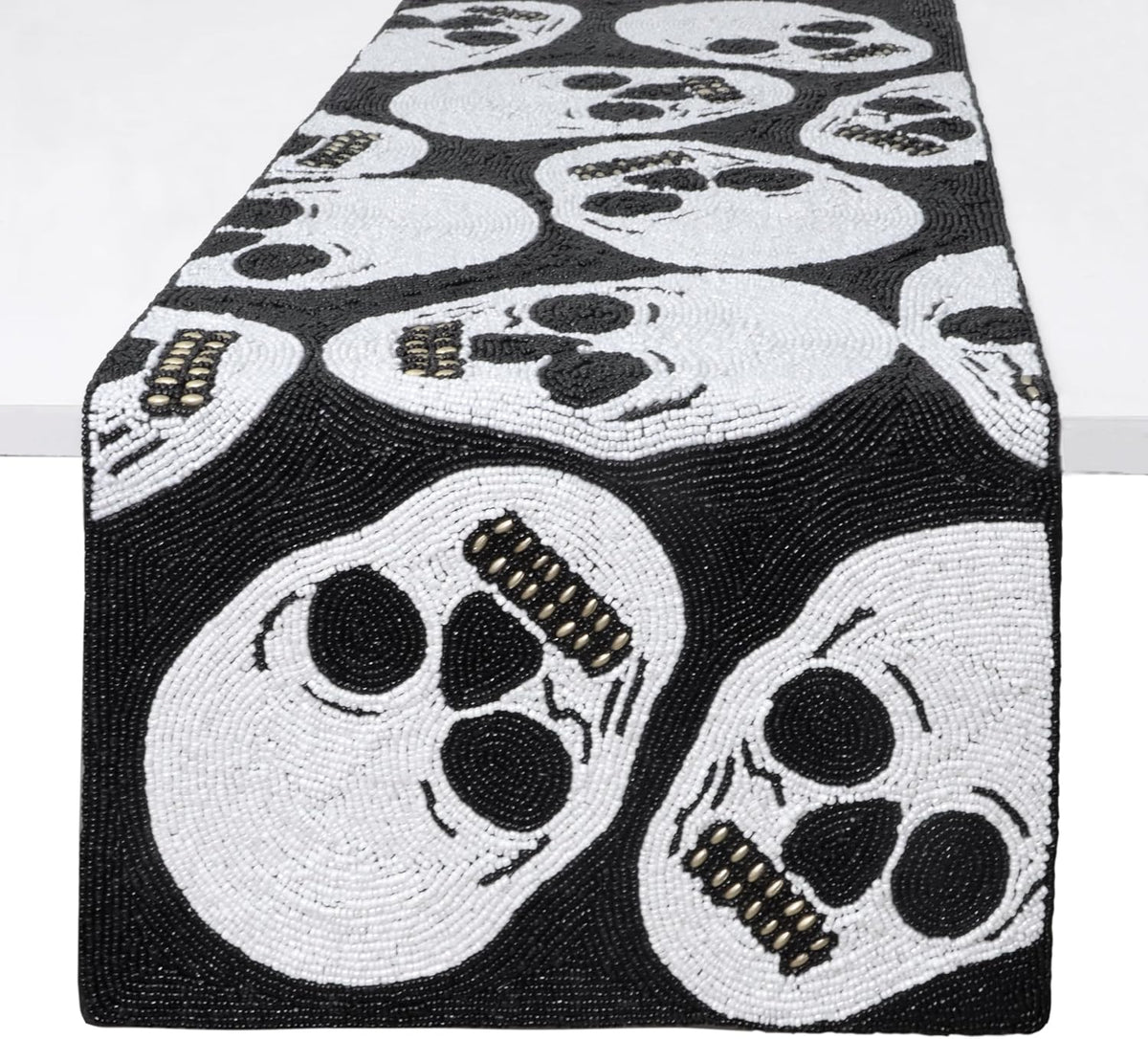 COTTON CRAFT Halloween Beaded Table Runner - Black White Skulls 13x36 inch