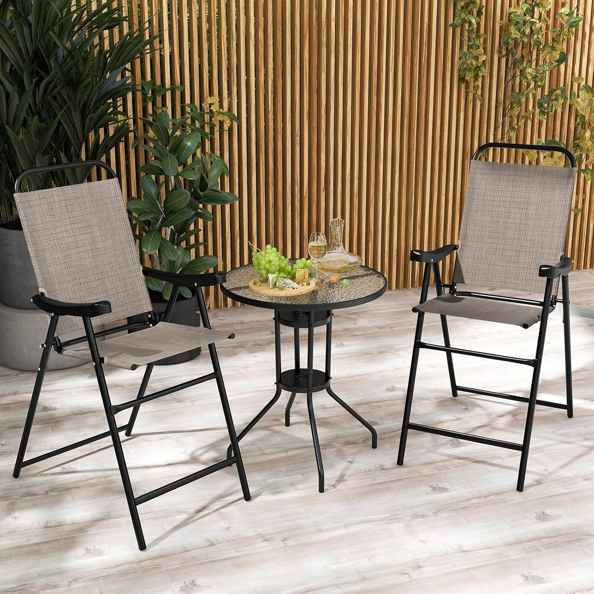 COSTWAY 2 Pieces Patio Folding Bar Chairs with Metal Frame, Footrest, Arms