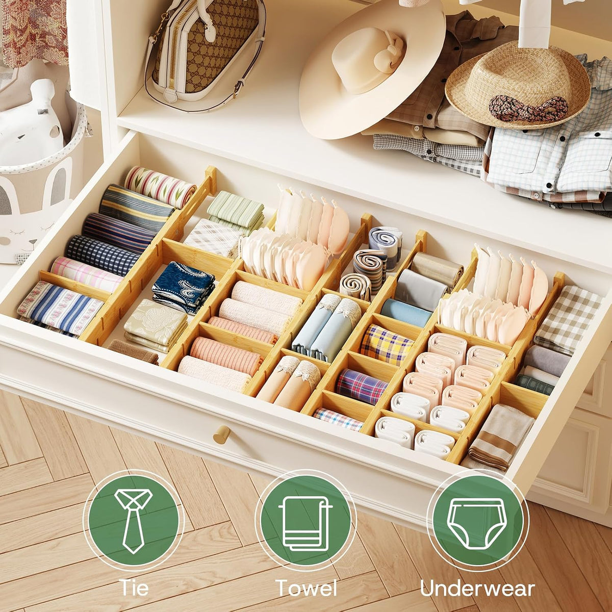 kiplant Bamboo Drawer Dividers - Adjustable Drawer Dividers for Kitchen, Clot...