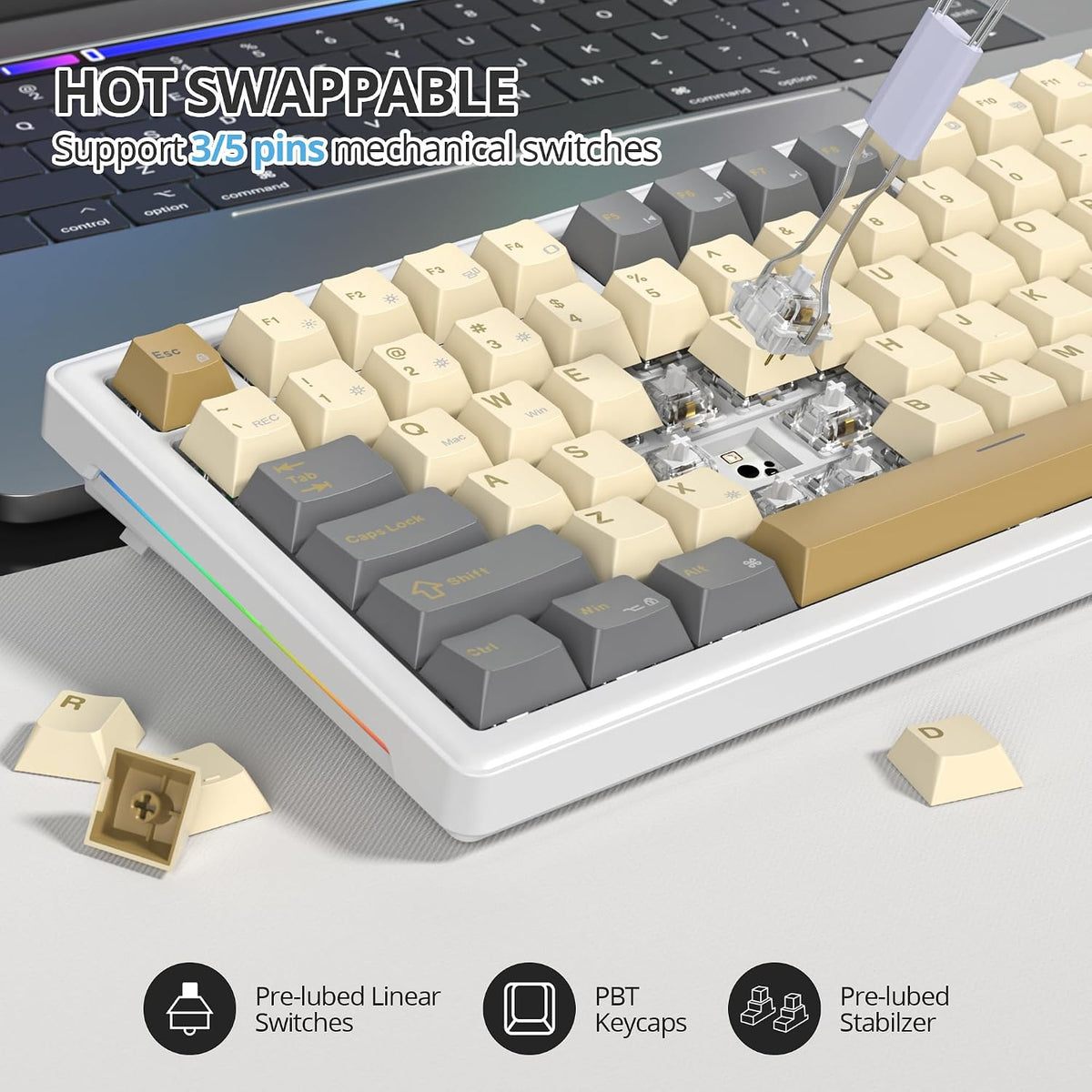 75% Retro Mechanical Keyboard Gasket with Knob, Custom Wired Creamy Gaming Ke...