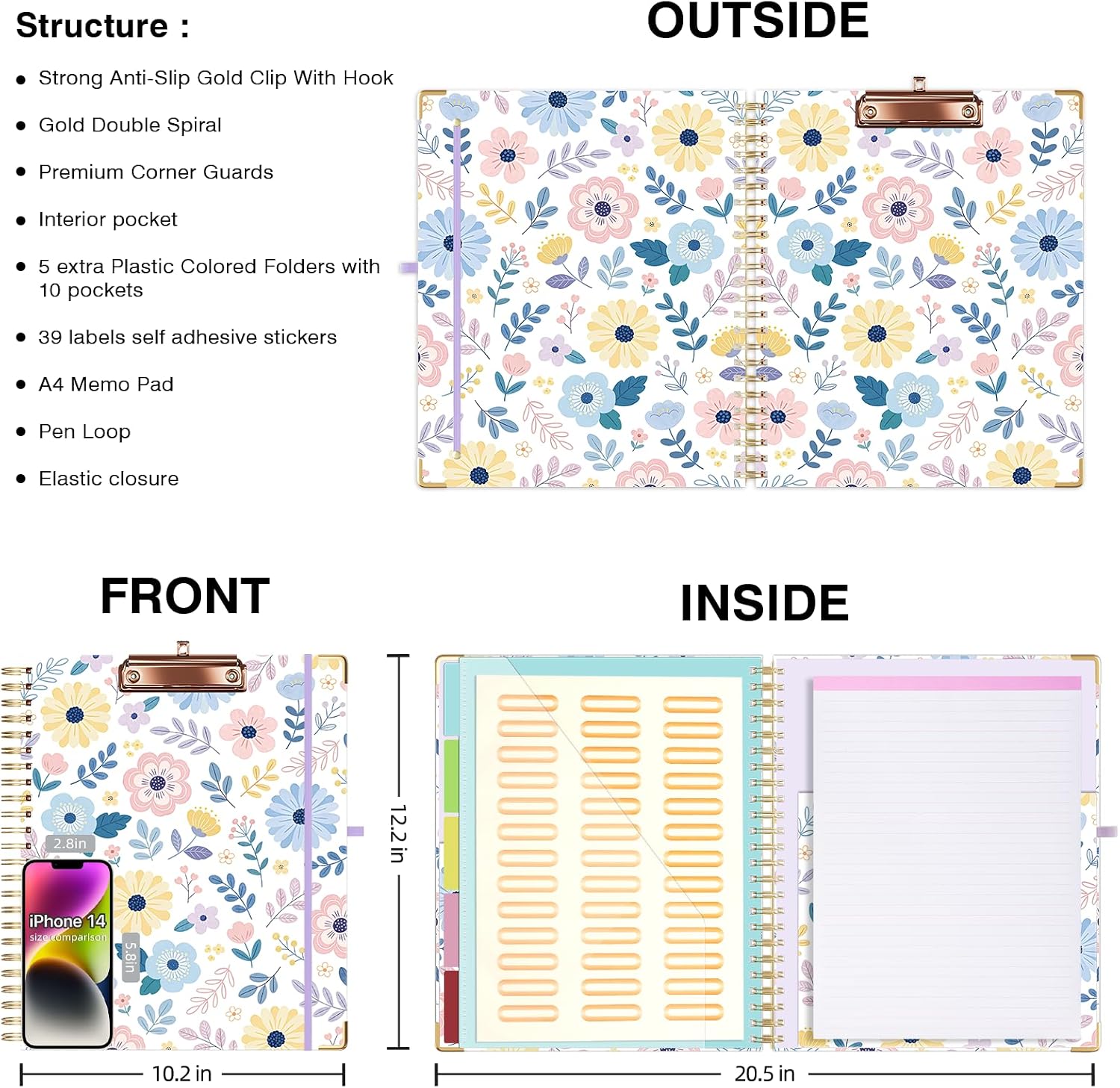 Ospelelf Clipboard with Storage 8.5 X 11，Padfolio Organizer, Spiral Portfolio Letter Size with Notepad, Pen Holder, 5 Extra Folder Divider Pages, Elastic Closure Nurse Office Essentials Daisy