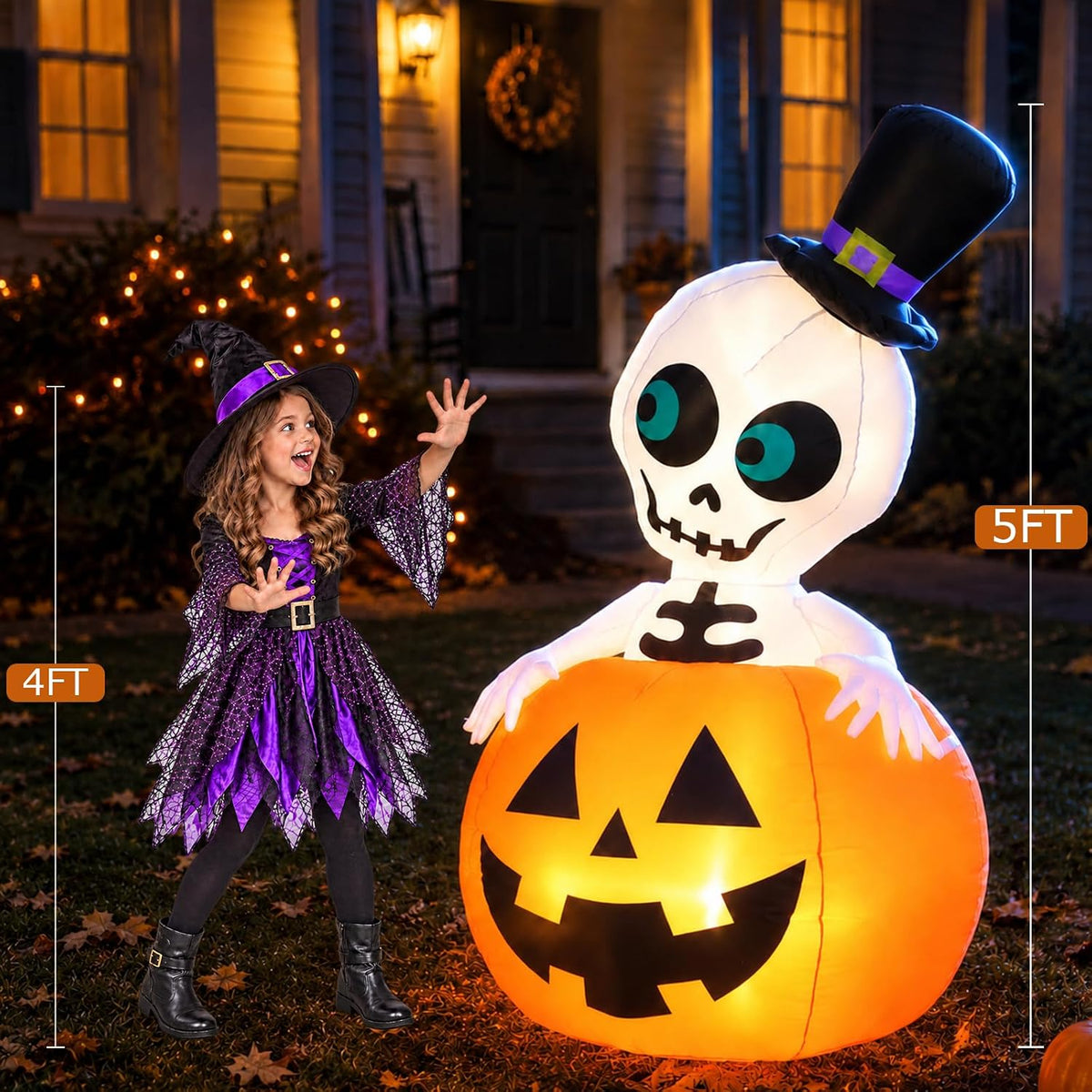 5FT Halloween Inflatable Pumpkin Skeleton LED Yard Decor