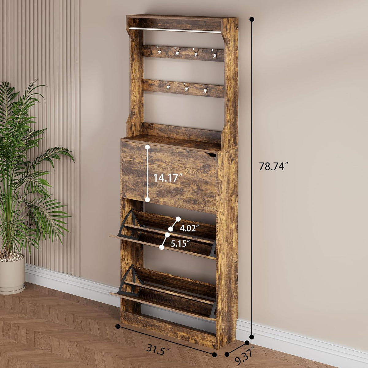 Brown Hidden Shoe Cabinet with 3 Flip Drawers & Coat Rack, Entryway